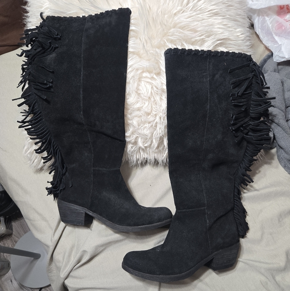 Reba Black Leather Fringe Boots Sz 6.5